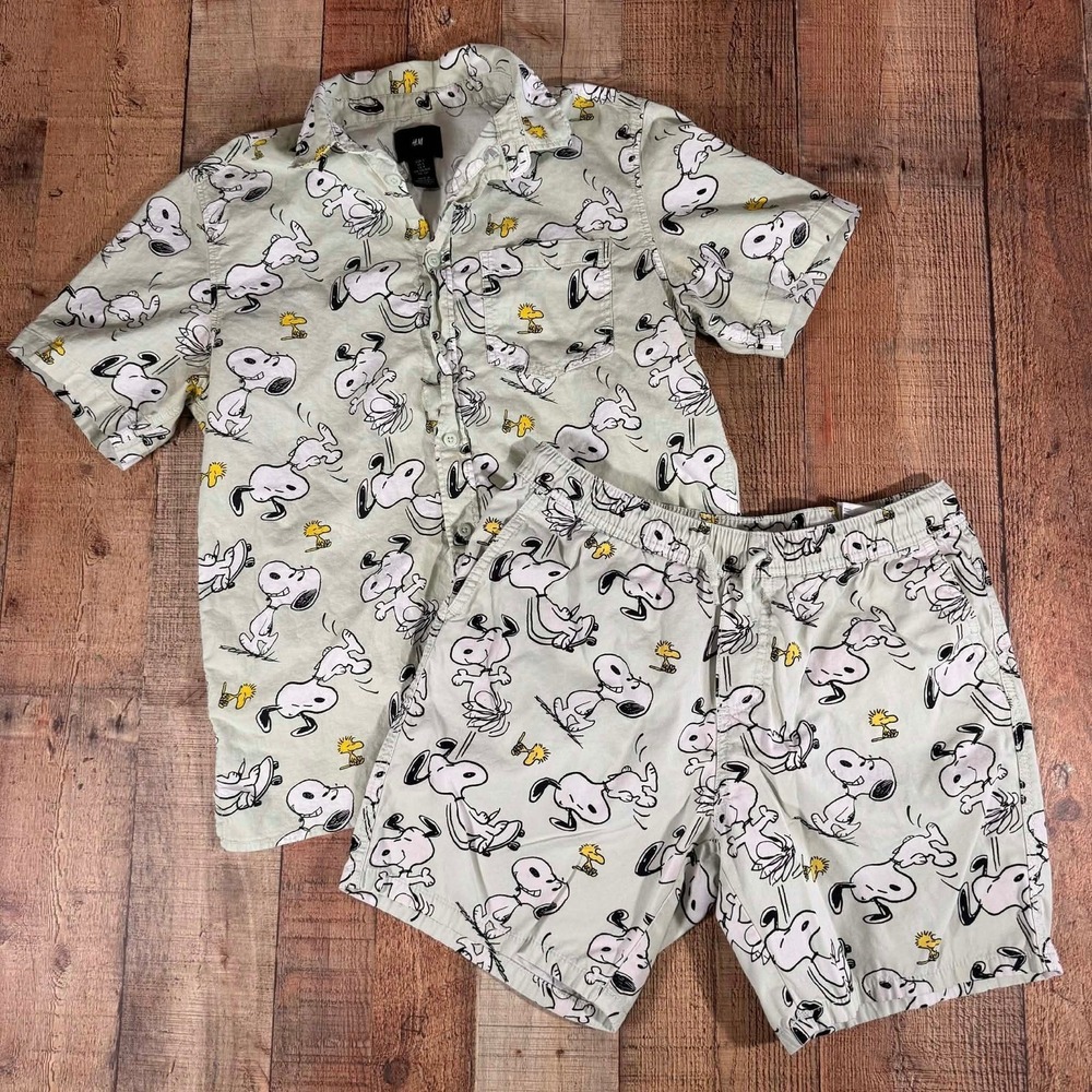 H&M Peanuts Snoopy Matching Set Small Button Shirt Shorts 2 Piece Woodstock Men